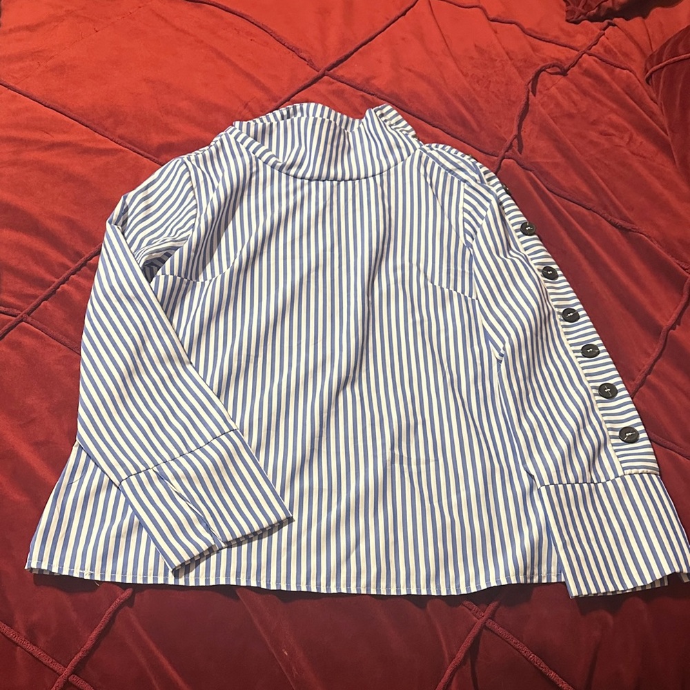 Blue and White Striped Top with Button Detail